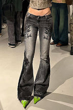Vintage Plant Print Flared Jeans