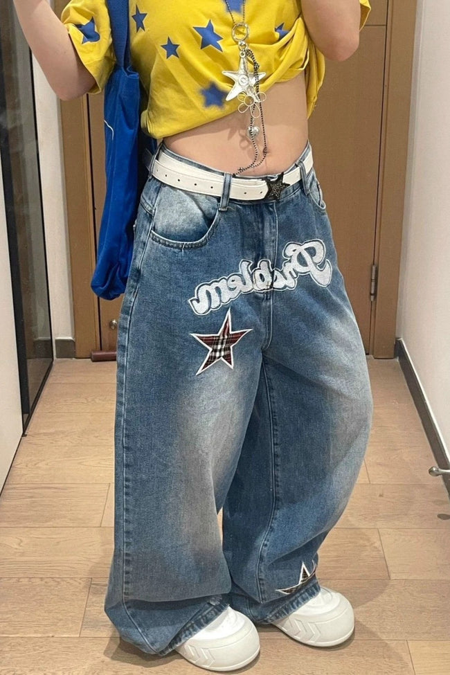 Retro Star Letter Appliqué Barrel Leg Jeans Main image
