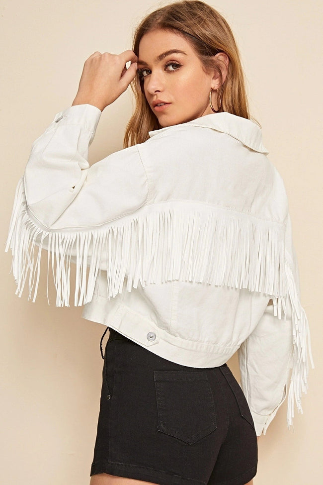 Casual White Fringe Denim Jacket Main image