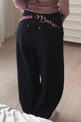 Black Embroidery Letter Print High Waist Jeans