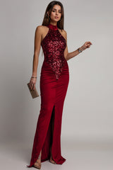 Velvet Sequin Slit Midi Bodycon Dress