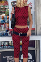 Polka Dot Sleeveless Fitted Capri Pants Set