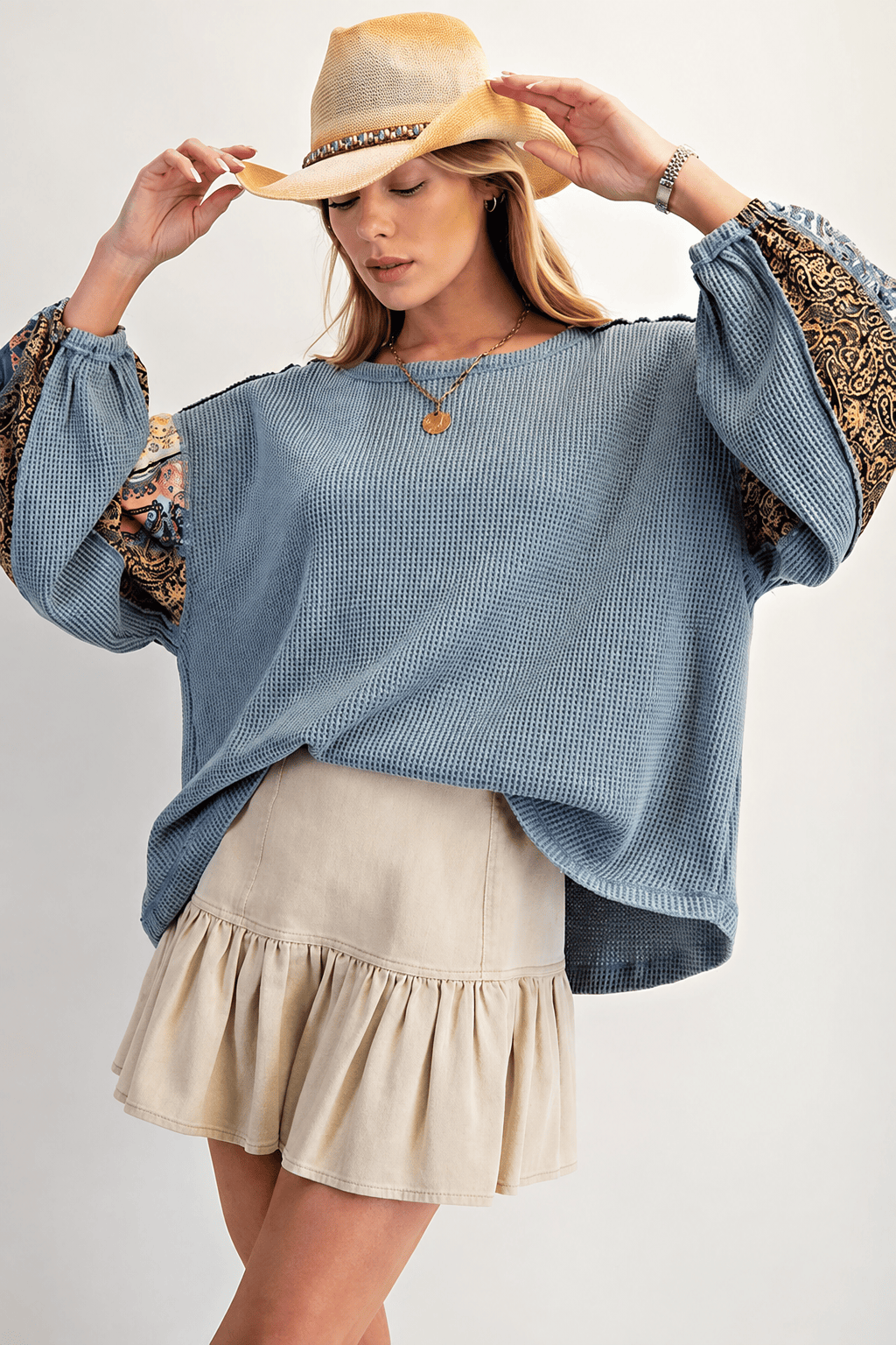 Waffle Knit Patchwork Sleeve Sweatshirt