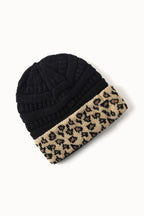 Warm Leopard Print Cable Knit Beanie Hat