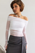 Off Shoulder Sheer Mesh Slim Fit Long Sleeve Tee