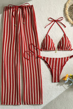 Striped Halter Tie Pants Three Piece Swim Set