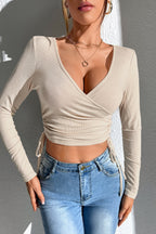 V Neck Tie Waist Bodycon Long Sleeve Tee