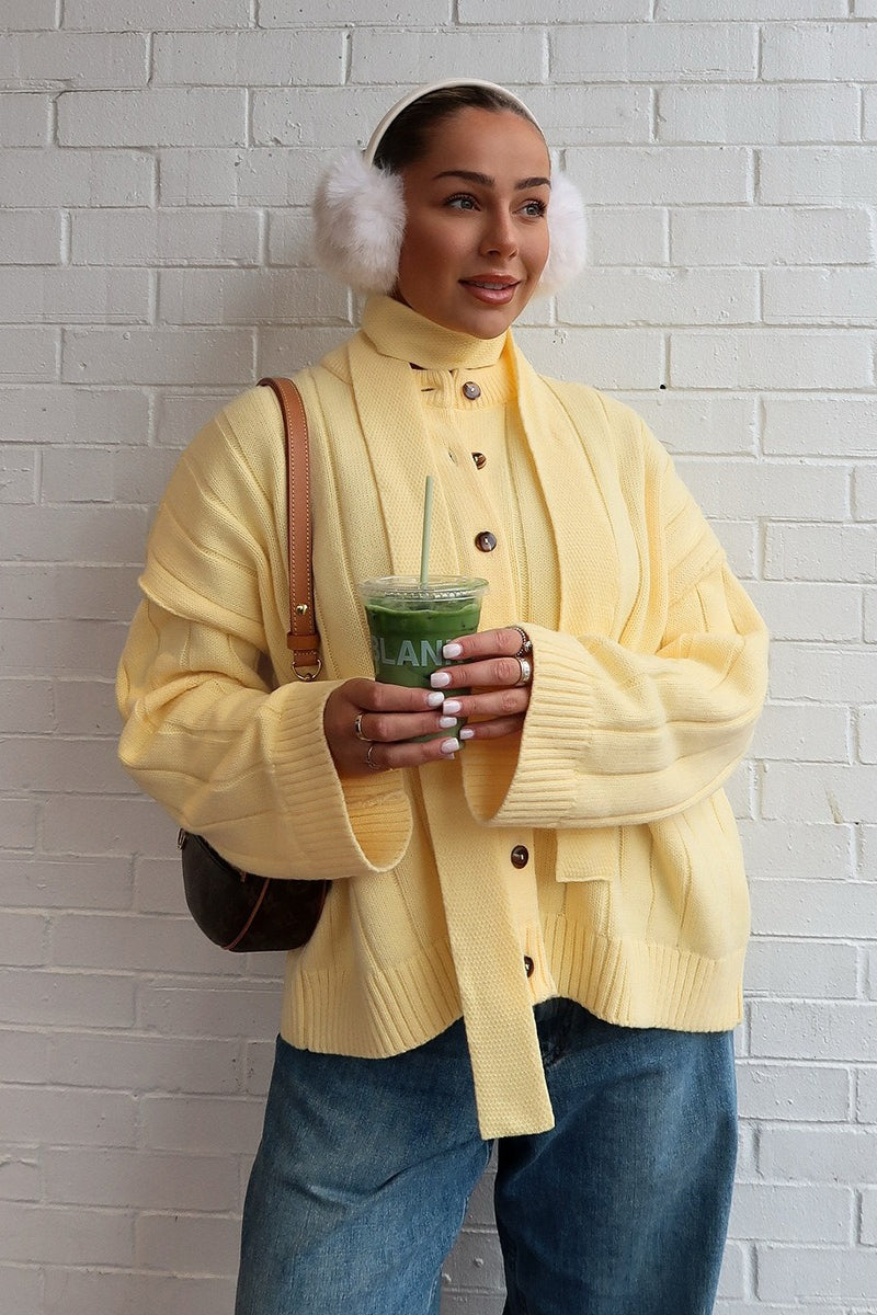 Yellow Ribbed Round Neck Knit Cardigan Secondary image