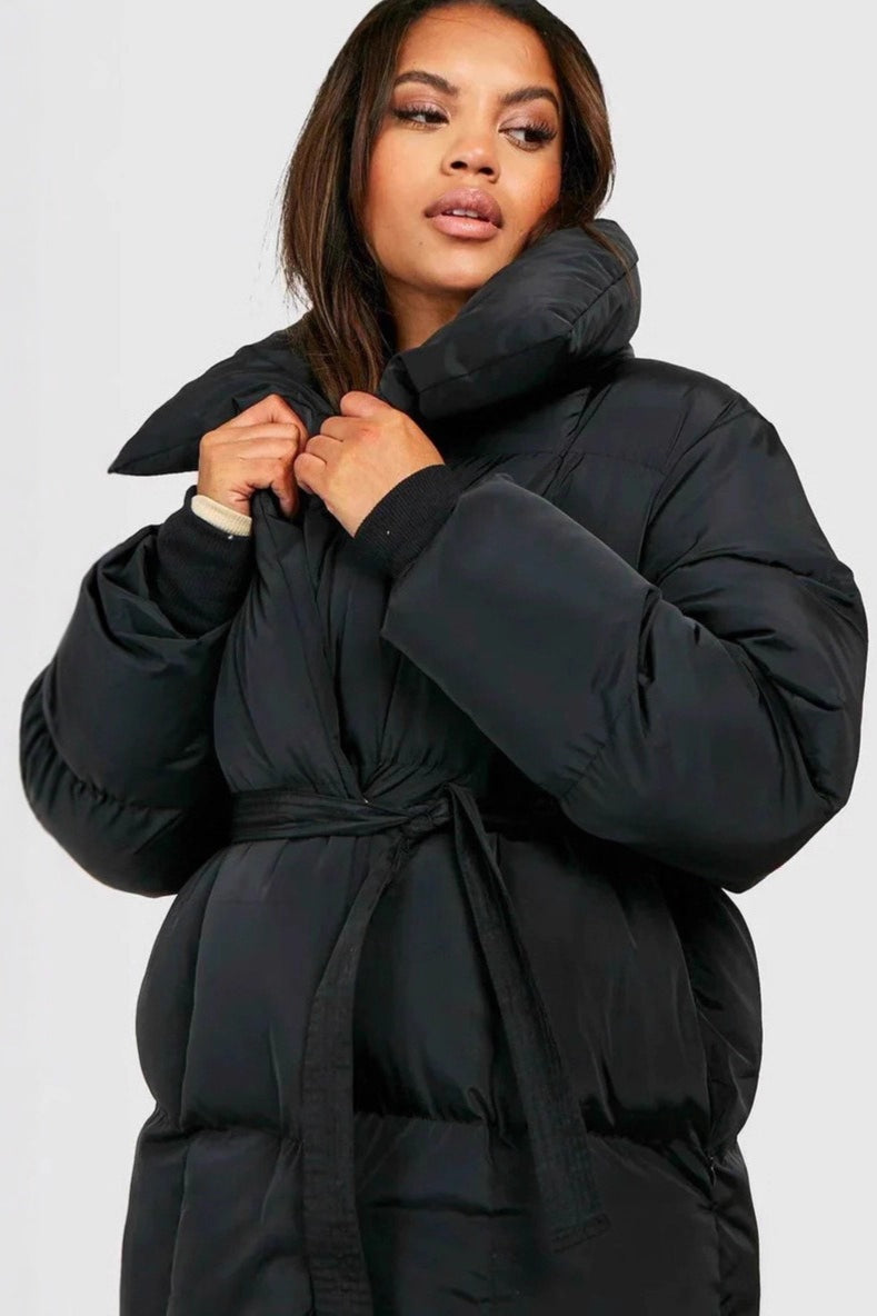 Oversized Solid Color Belted Puffer Jacket