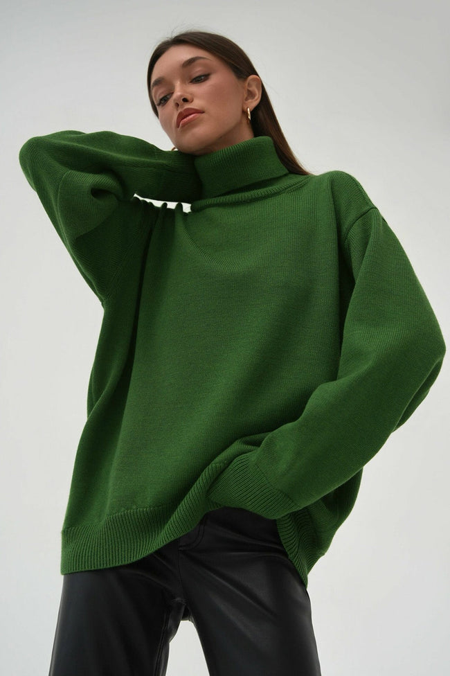 Turtleneck Loose Knit Pullover Sweater Dark Green / S Main image