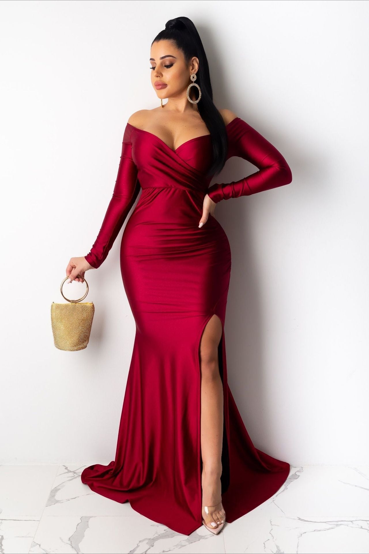 Long Sleeve Bodycon Maxi Formal Dress S / Red Main image