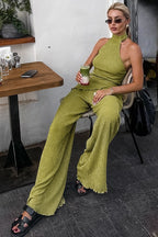 Green Halter Neck Top Pleated Wide Leg Pants Set