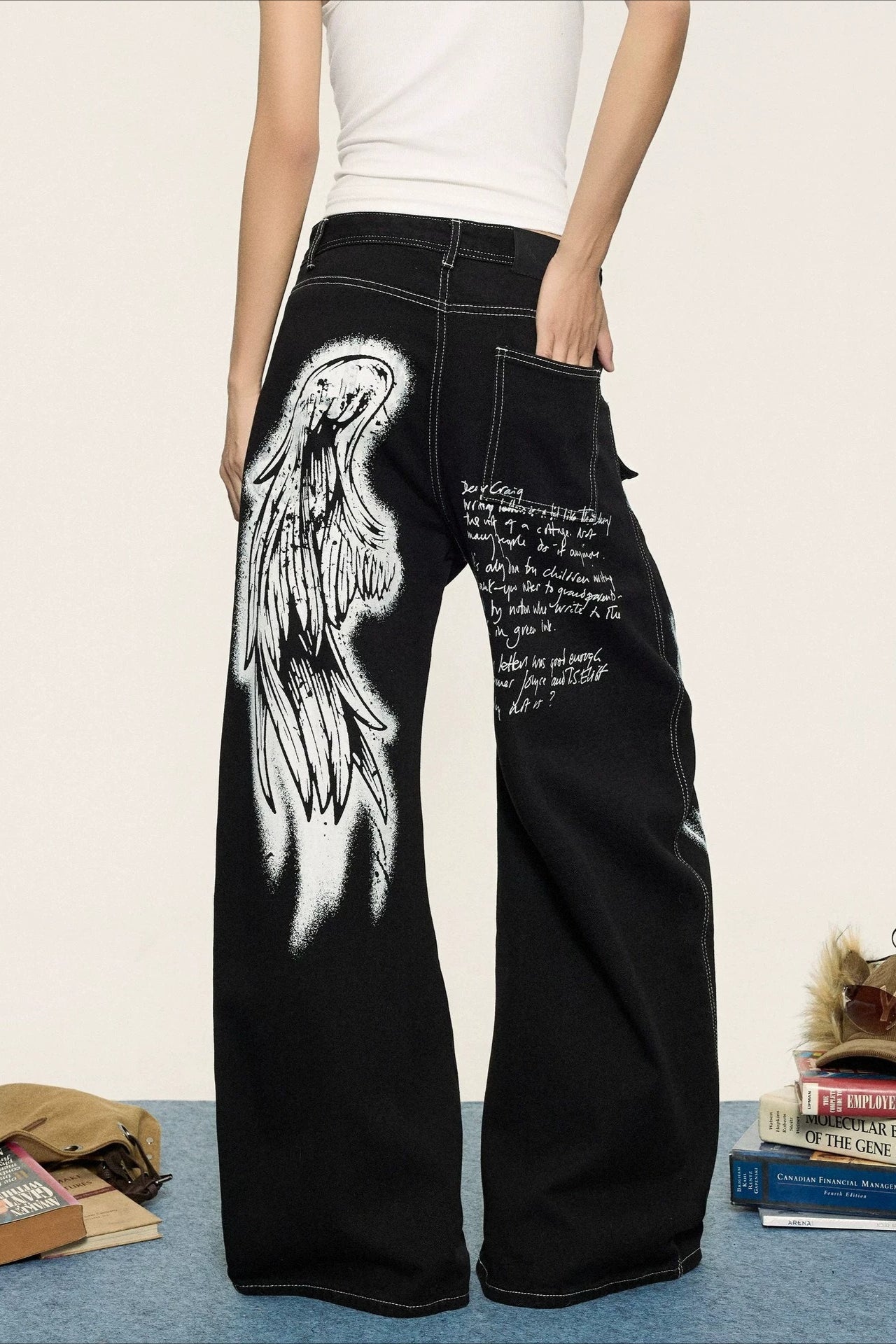Black Graffiti Print Contrast Stitch Barrel Jeans Main image