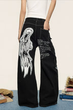 Black Graffiti Print Contrast Stitch Barrel Jeans