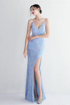Elegant Velvet Sequin Party Dress Blue / S