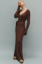 V-Neck Long Sleeve Knit Sweater Dress S / Brown