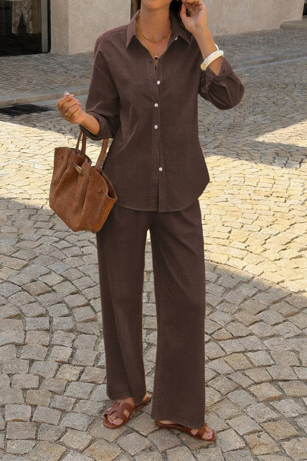 Casual Solid Long Sleeve Shirt Pants Set