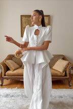 Keyhole Puff Sleeve Asymmetric Peplum Blouse