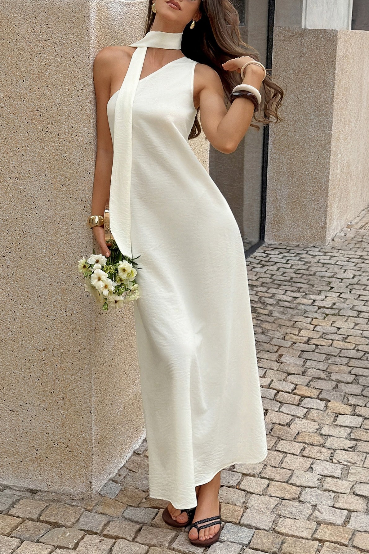Asymmetrical Shoulder Draped Tie Detail Maxi Dress Main image