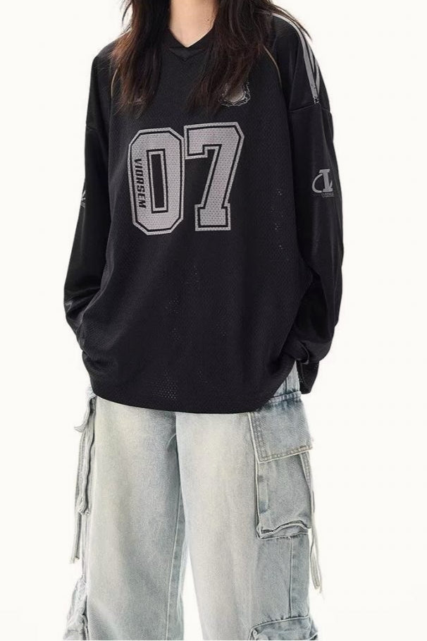 V Neck Graphic Print Oversized Raglan Long Sleeve Tee