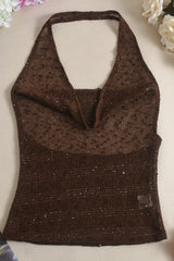 Sheer Sparkling Deep V Cowl Neck Halter Tank Top