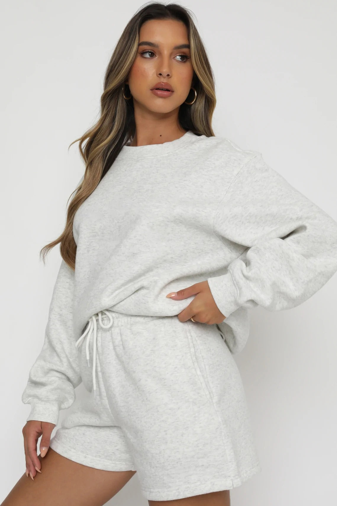 Solid Crew Neck Sweatshirt Shorts Set