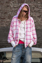 Pink Plaid Oversized Zip Up Street Hoodie