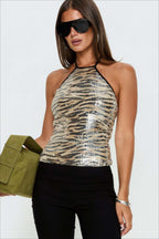 Sequin Tiger Print Tie Neck Halter Top