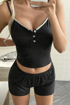 Polka Dot Lace Trim Button Cami Shorts Set