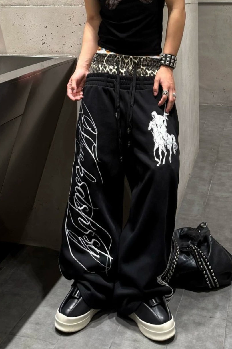 Leopard Double Waist Typography Wide Leg Sweatpants
