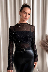 Mesh Rhinestone Mandarin Collar T-shirt