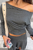 Striped Off Shoulder Long Sleeve Tee Asymmetrical Skirt Set