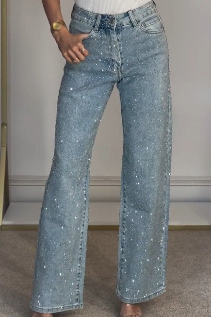 Rhinestone Washed High Waist Straight Jeans Main image