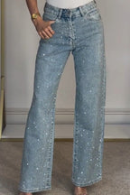 Rhinestone Washed High Waist Straight Jeans