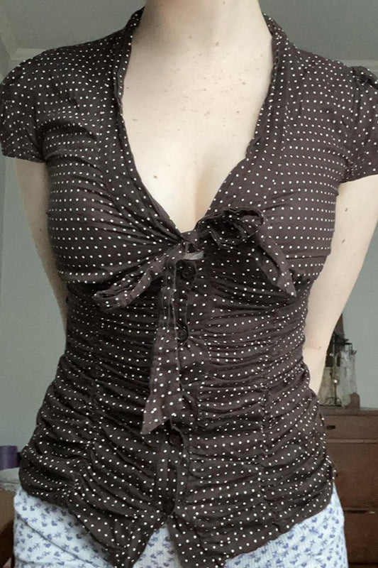 Button Tie Waist Dot Print Blouse Main image