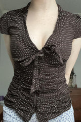 Button Tie Waist Dot Print Blouse