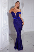 Sequin Off Shoulder Slit Formal Dress S / Blue