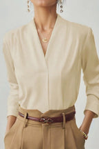 V Neck Satin Long Sleeve Blouse