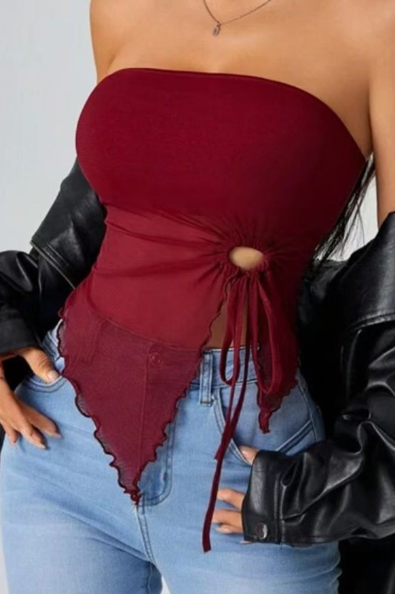 Asymmetric Strapless Tie Front Tube Top
