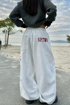 Vintage Crest Typography Embroidered Wide Leg Sweatpants