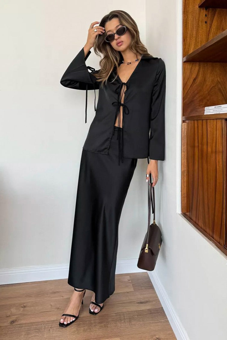 V Neck Tie Front Satin Top Maxi Skirt Set Secondary image