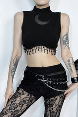 High Neck Sleeveless Moon Cutout Fringe Crop Top