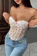 Floral Embroidery Boned Sheer Corset Tube Top