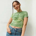 90s Butterfly Print Sexy T Shirt Green / S