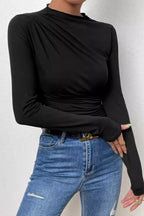 Solid Ruched Slim Fit Long Sleeve Tee