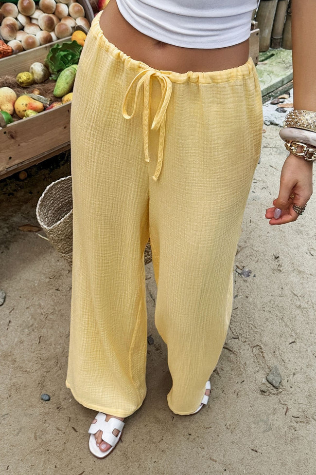 Yellow Textured High Waist Drawstring Pants Main image