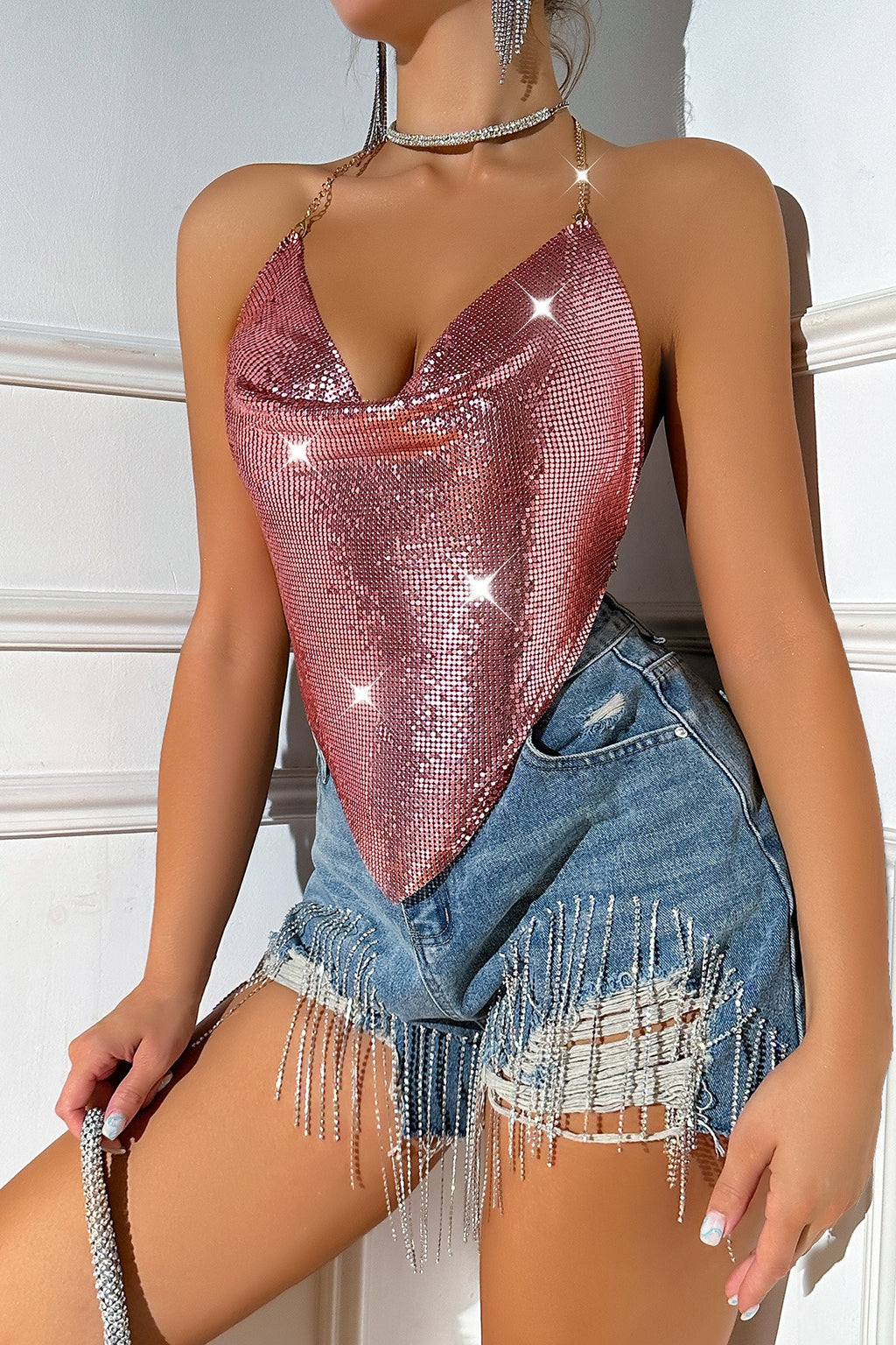 Metal Chain Backless Sequin Bustier Halter Top
