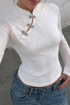 Chinese Knot Sheer Lace Bell Sleeve Blouse