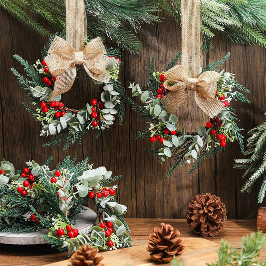 Christmas Wreath Decorations with Burlap Ribbon - Mini Farmhouse Wreaths for Kitchen Cabinet, Pillars, Front Door, Window, Chair, and Wall