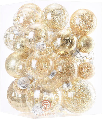 24 Count Shatterproof Clear Plastic Christmas Ball Ornaments with Gold Decorations